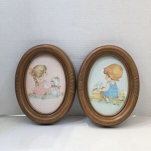 Vintage Style Brown Oval Picture Frames Set of 2 girl with puppy boy with Bunny